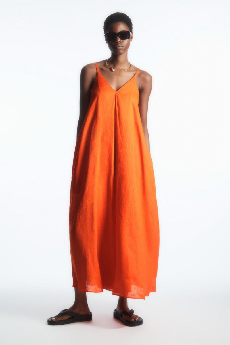 COS Redőzött V-neck Linen Midi Ruha Női Világos Narancssárga | XMS-564837