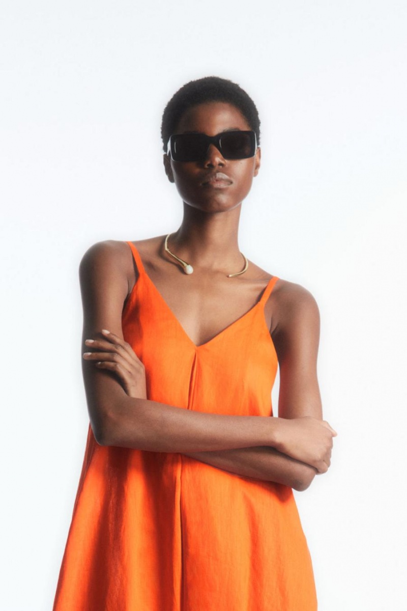 COS Redőzött V-neck Linen Midi Ruha Női Világos Narancssárga | XMS-564837