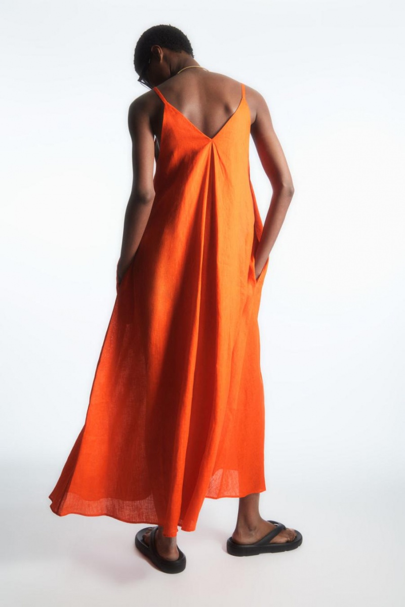 COS Redőzött V-neck Linen Midi Ruha Női Világos Narancssárga | XMS-564837