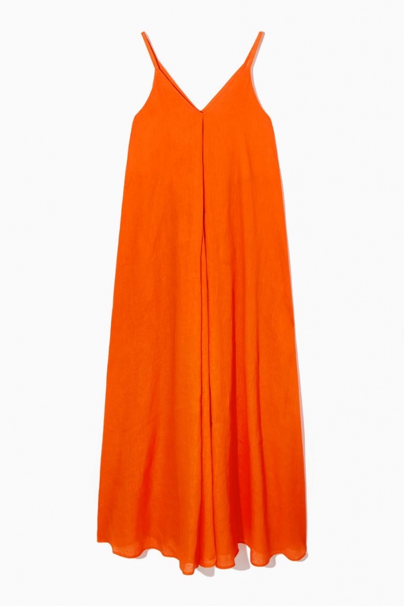 COS Redőzött V-neck Linen Midi Ruha Női Világos Narancssárga | XMS-564837
