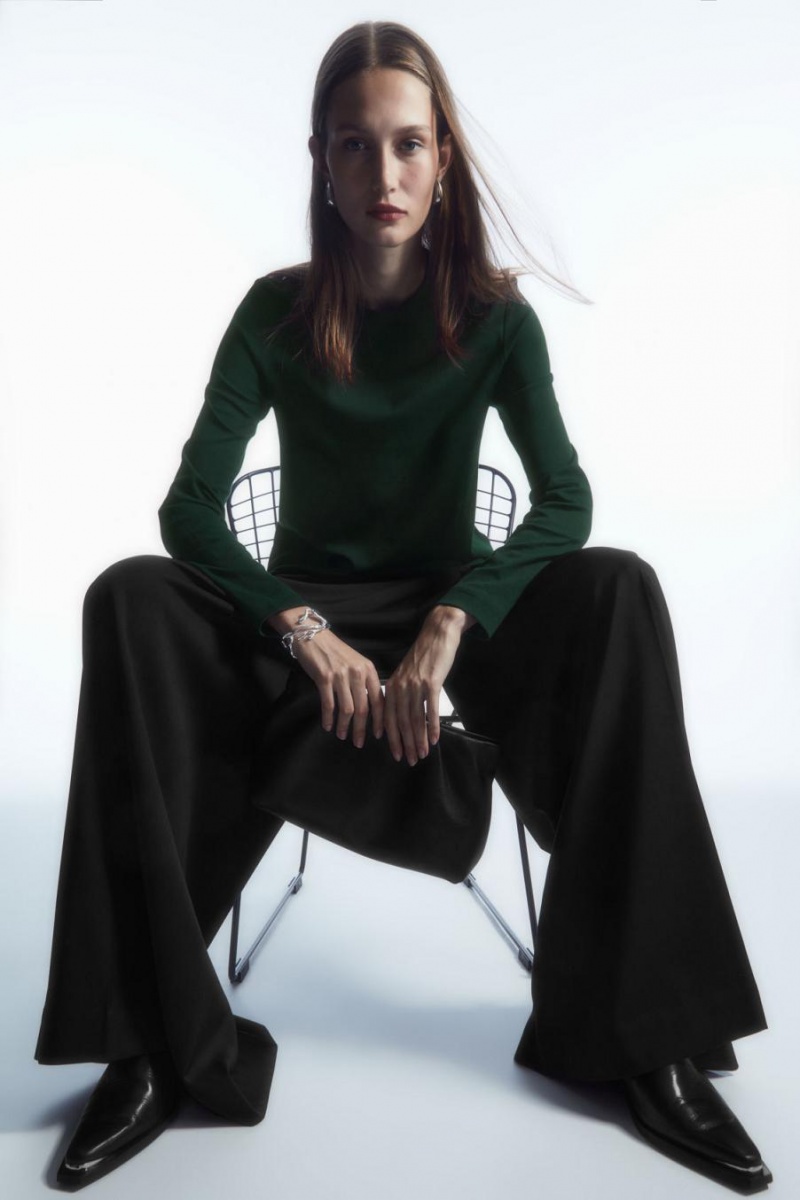 COS Regular-fit Heavyweight Long-sleeved Póló Női Sötétzöld | YXK-943218