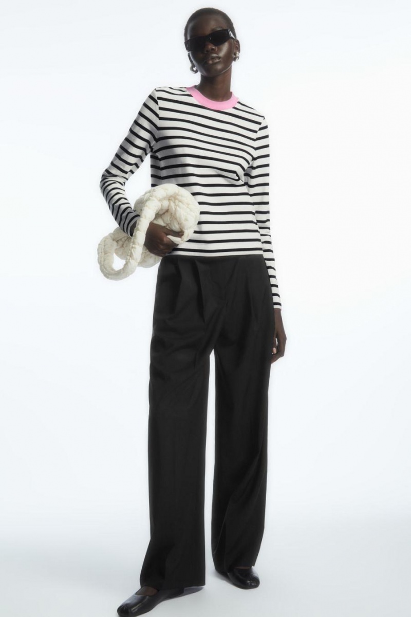 COS Regular-fit Heavyweight Long-sleeved Póló Női Fekete Fehér | PMS-574916