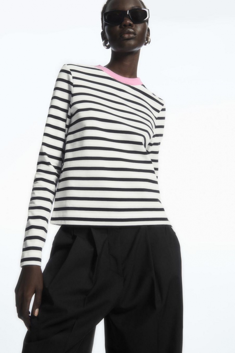 COS Regular-fit Heavyweight Long-sleeved Póló Női Fekete Fehér | PMS-574916