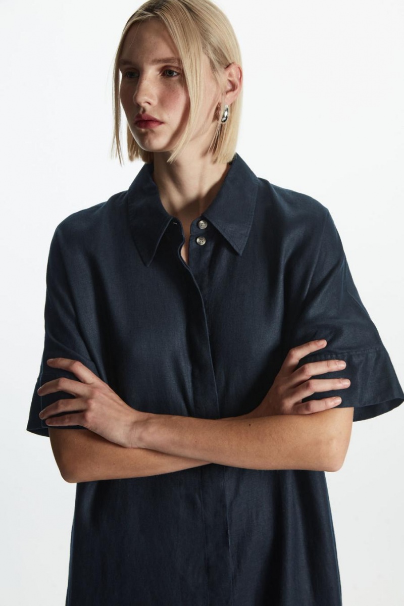 COS Relaxed Linen Shirt Ruha Női Sötétkék | BKG-718635