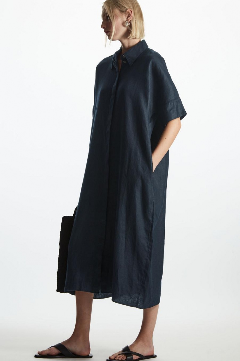 COS Relaxed Linen Shirt Ruha Női Sötétkék | BKG-718635