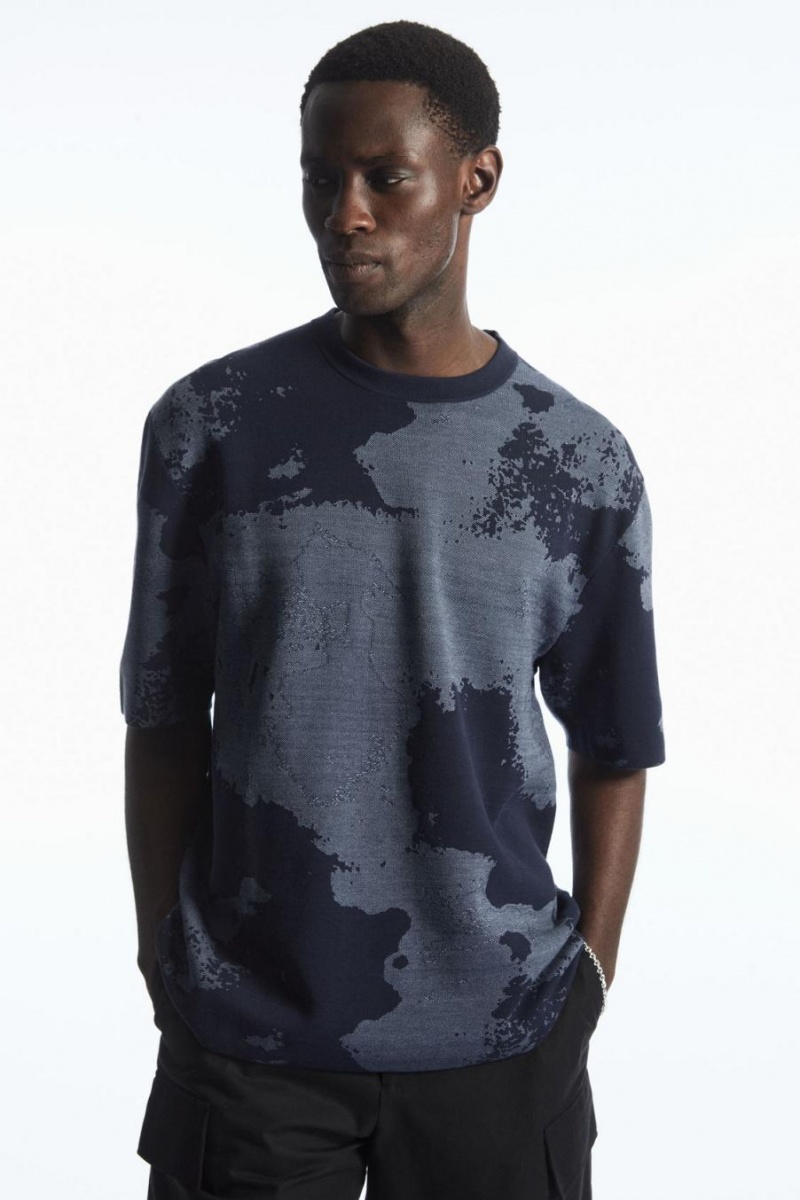 COS Relaxed-fit Jacquard Póló Férfi Sötétkék Szürke | WEQ-907142