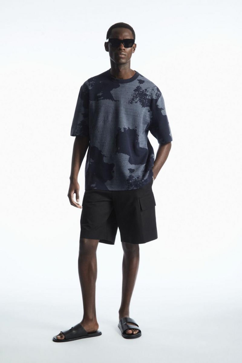 COS Relaxed-fit Jacquard Póló Férfi Sötétkék Szürke | WEQ-907142