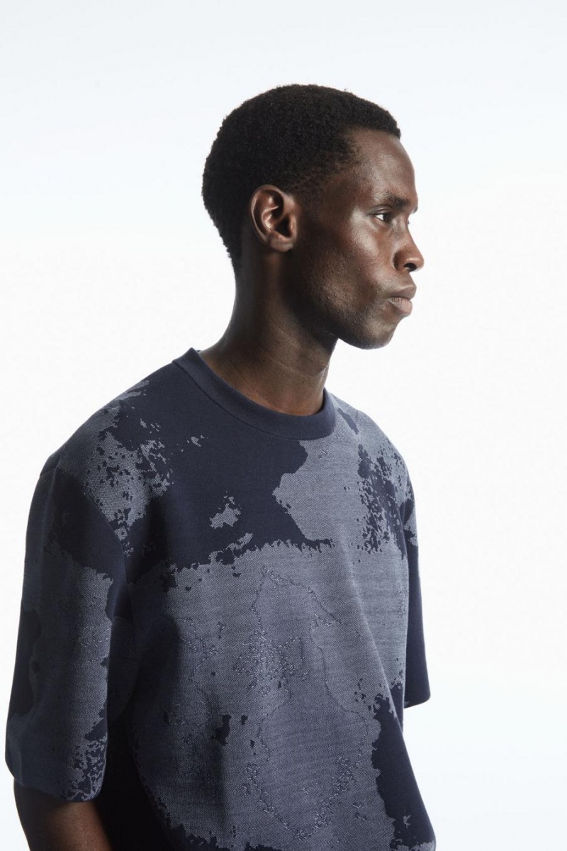 COS Relaxed-fit Jacquard Póló Férfi Sötétkék Szürke | WEQ-907142