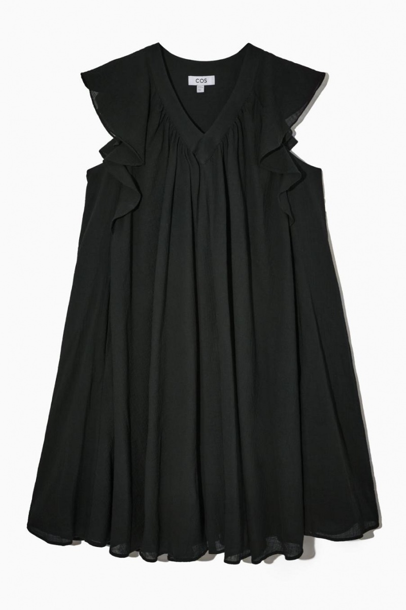 COS Ruffled Cap-sleeve Ruha Női Fekete | HTO-423968