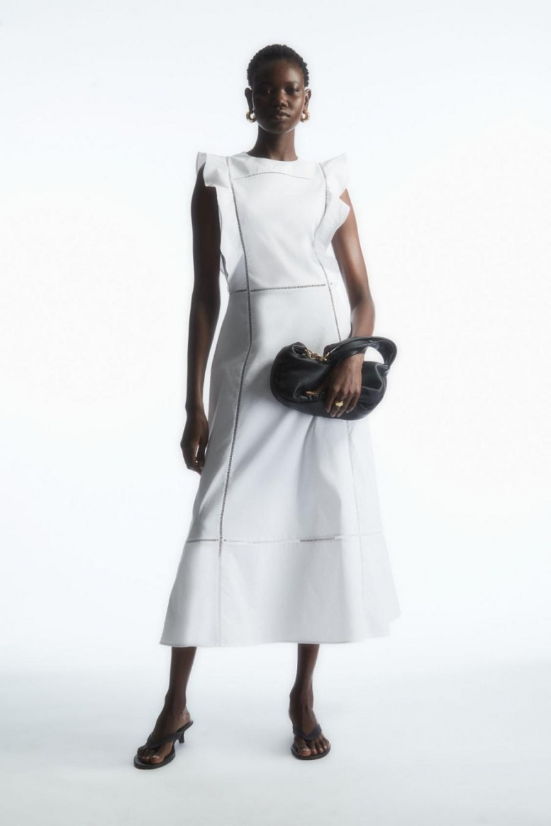 COS Ruffled Linen-blend Midi Ruha Női Fehér | PRU-349276