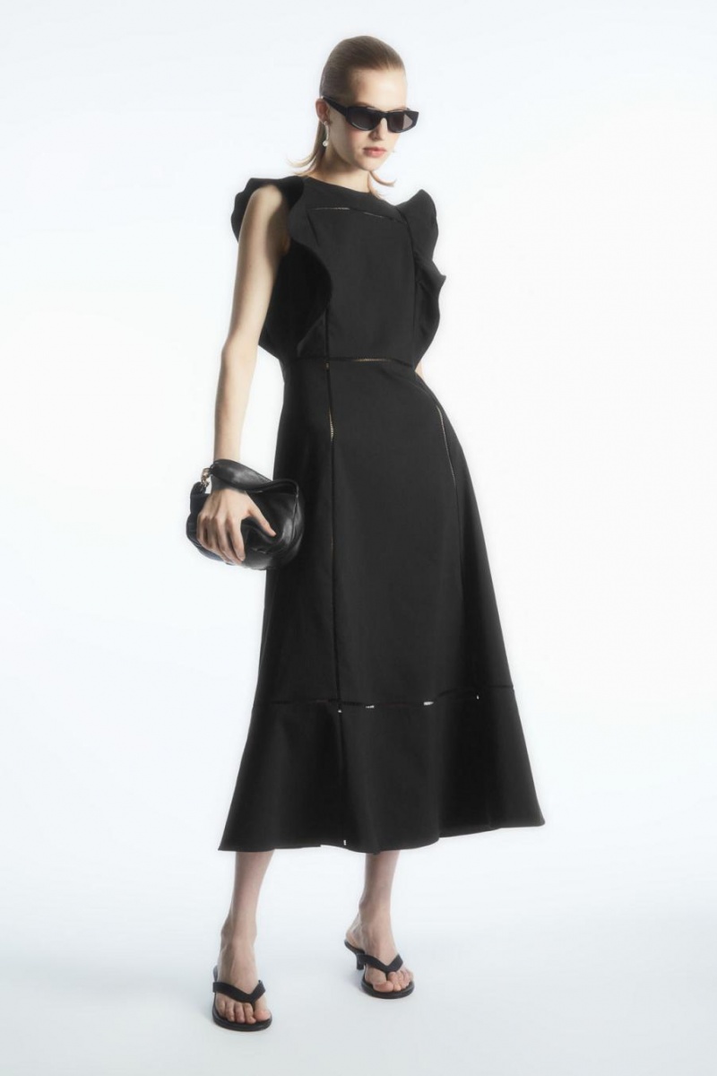 COS Ruffled Linen-blend Midi Ruha Női Fekete | SMG-708143