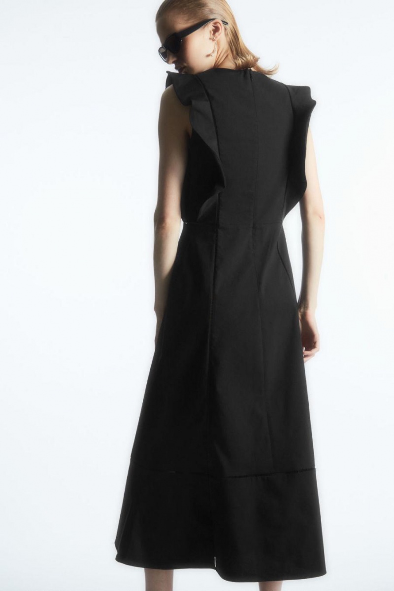 COS Ruffled Linen-blend Midi Ruha Női Fekete | SMG-708143
