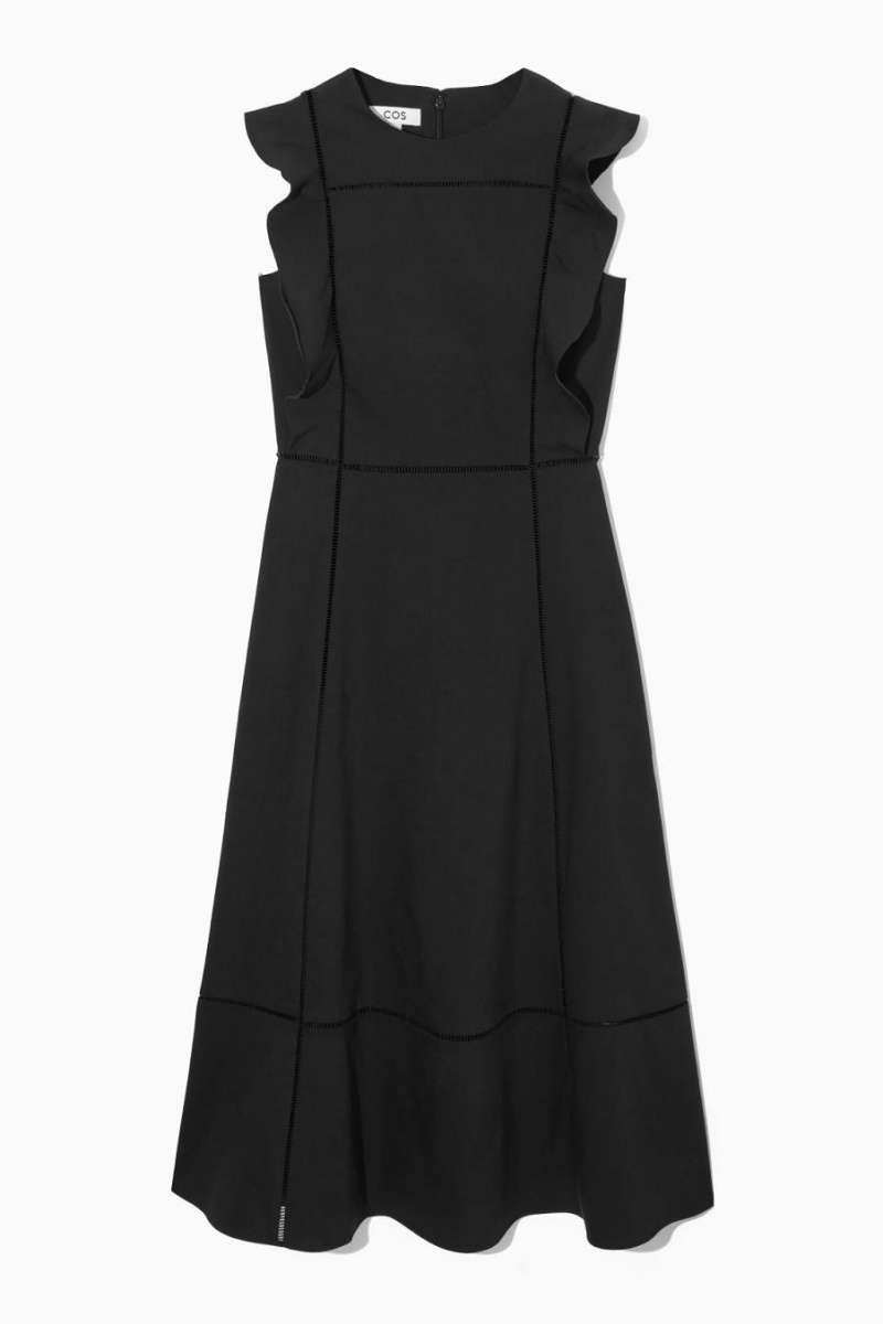 COS Ruffled Linen-blend Midi Ruha Női Fekete | SMG-708143