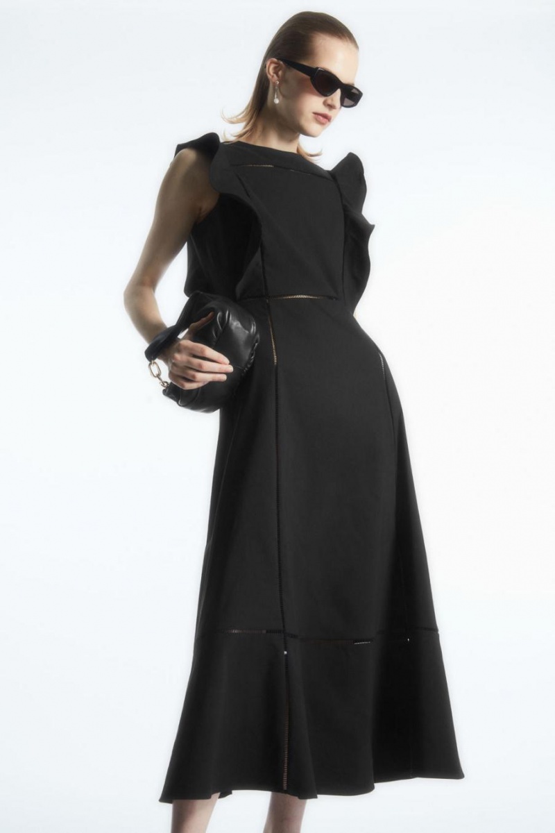 COS Ruffled Linen-blend Midi Ruha Női Fekete | SMG-708143