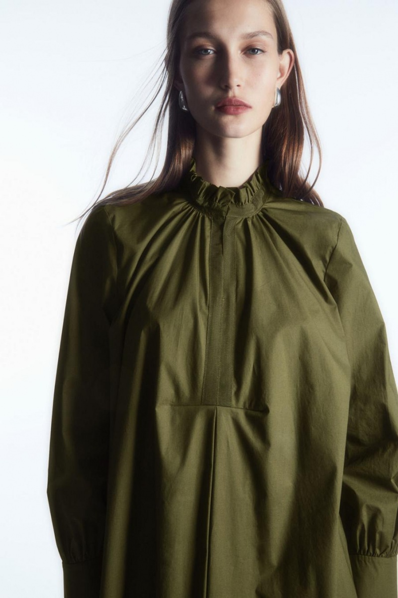 COS Ruffled-collar Mini Shirt Ruha Női Khaki | WQJ-517346