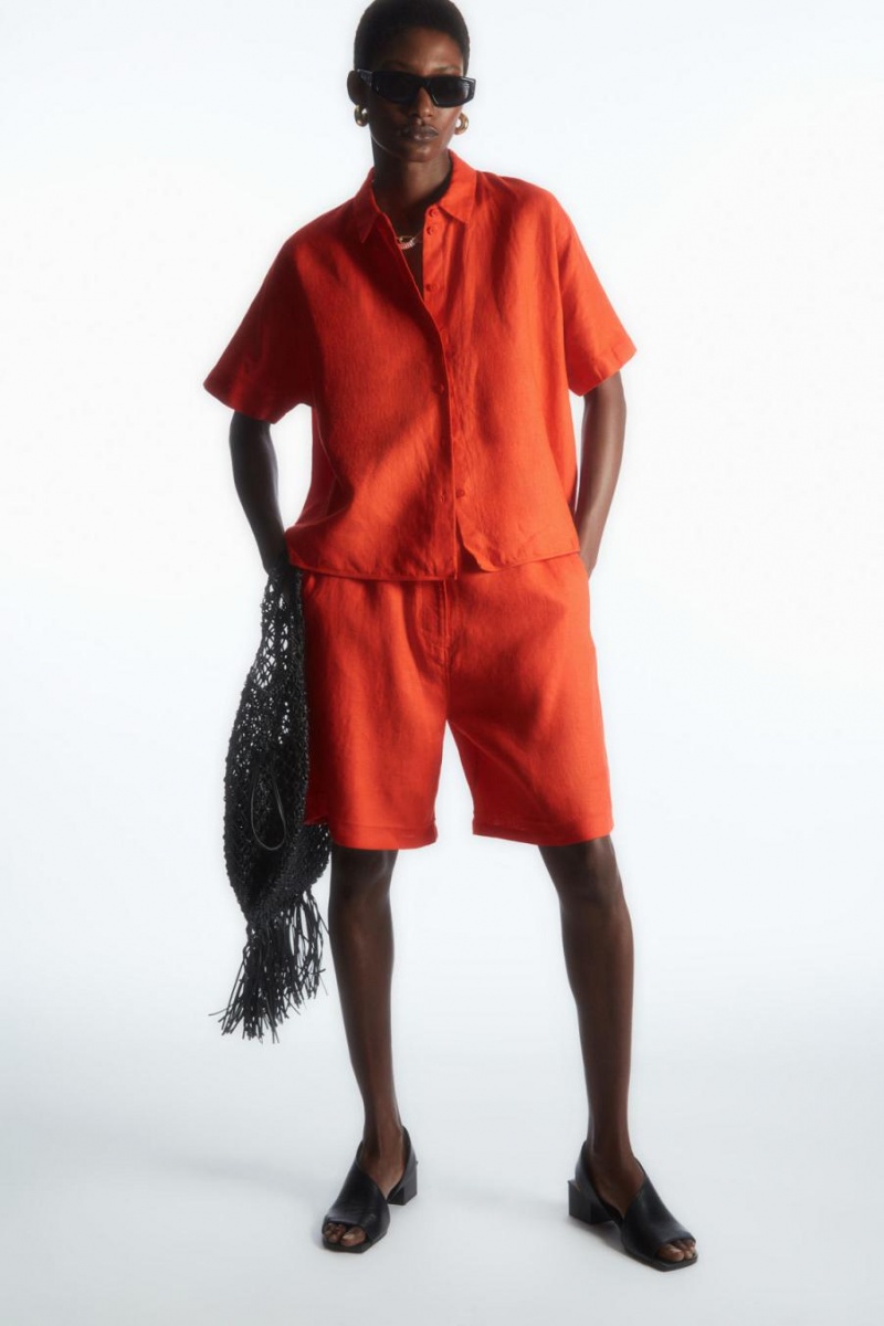 COS Rövid-sleeved Linen Ing Női Világos Narancssárga | VZK-427085