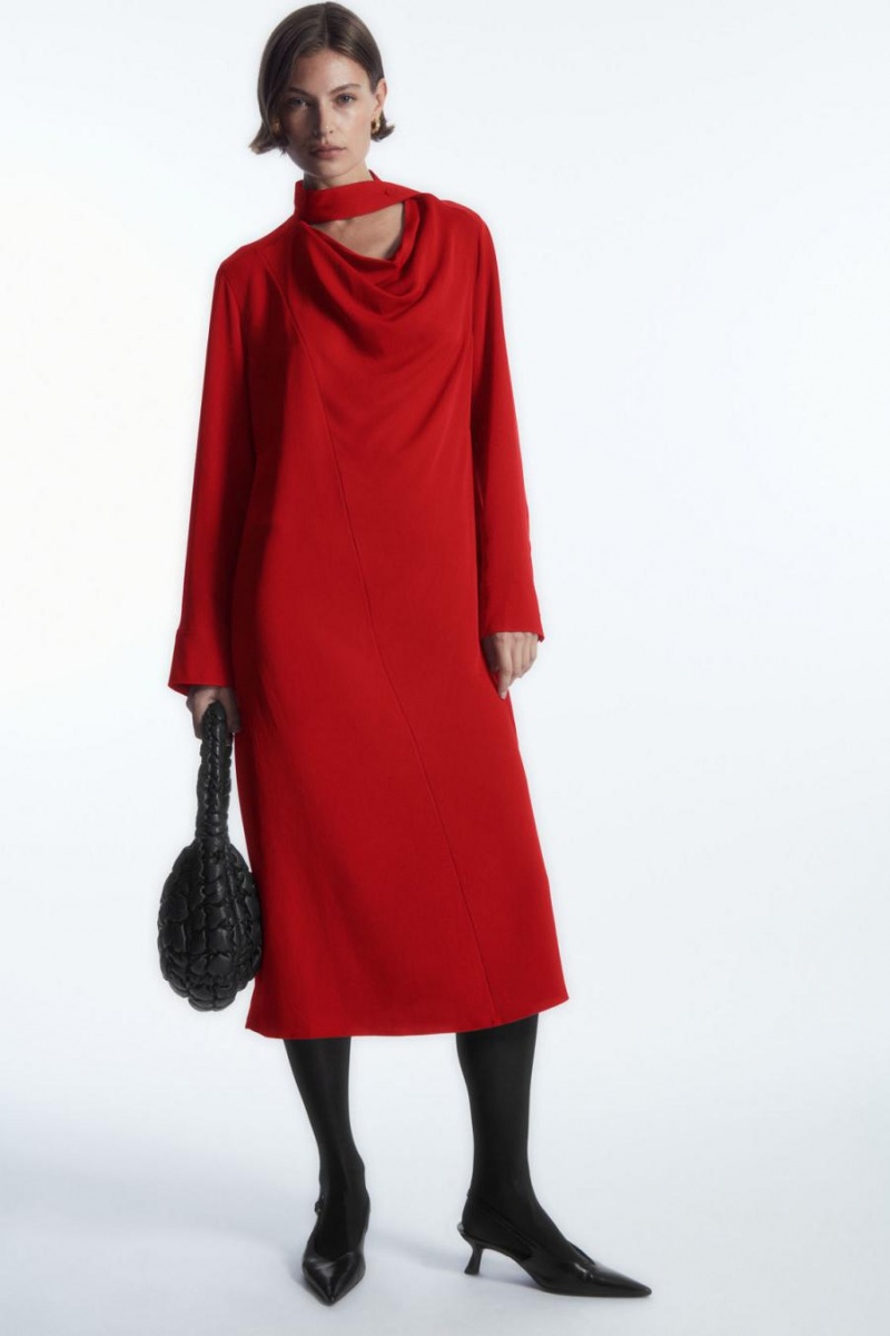 COS Scarf-detail Draped Midi Ruha Női Piros | SWN-416079
