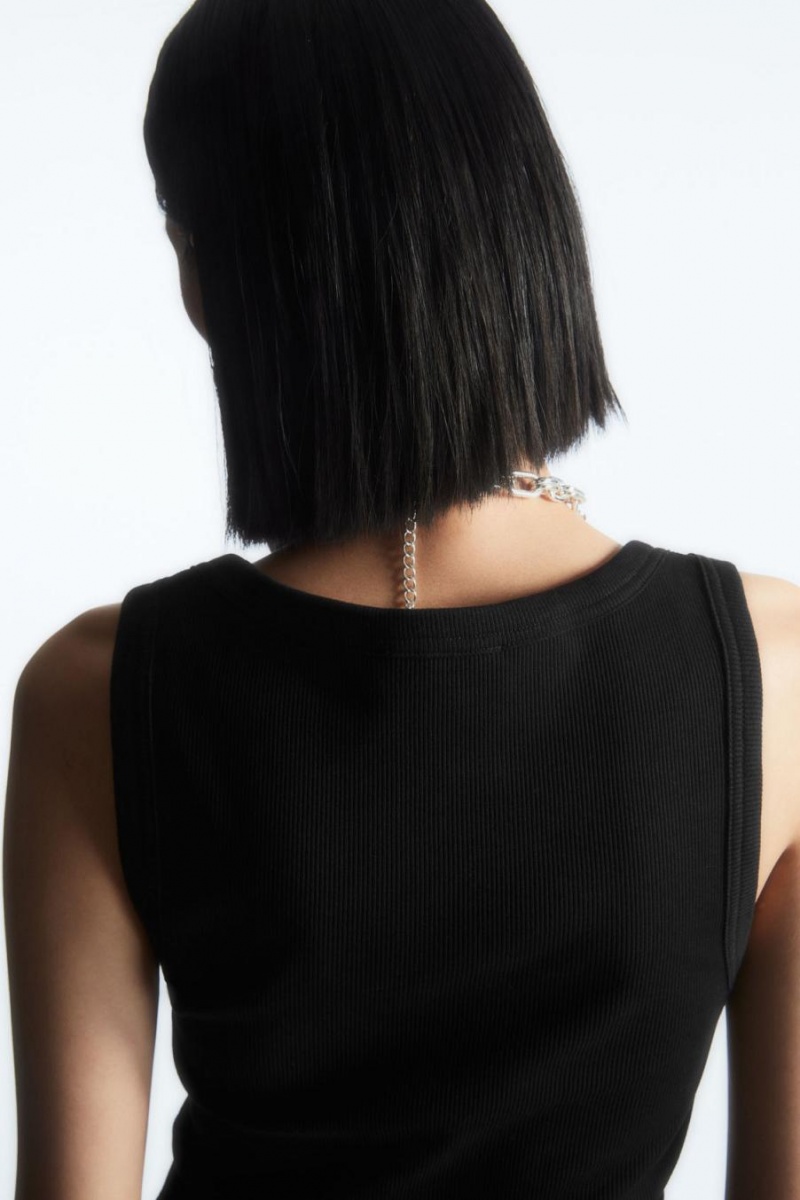 COS Scoop-neck Bordázott Trikó Női Fekete | ZDF-386159