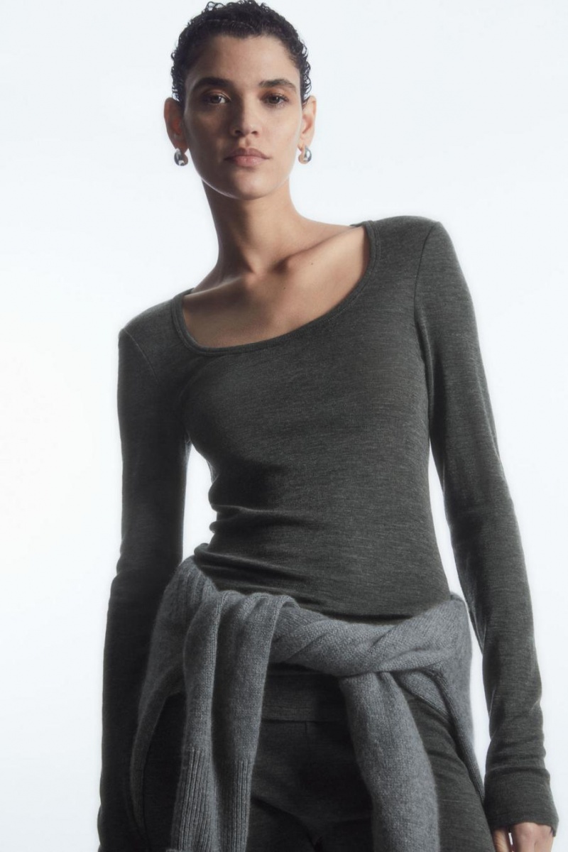 COS Scoop-neck Merino Gyapjú Long-sleeved Felső Női Sötétszürke | ZRO-974318