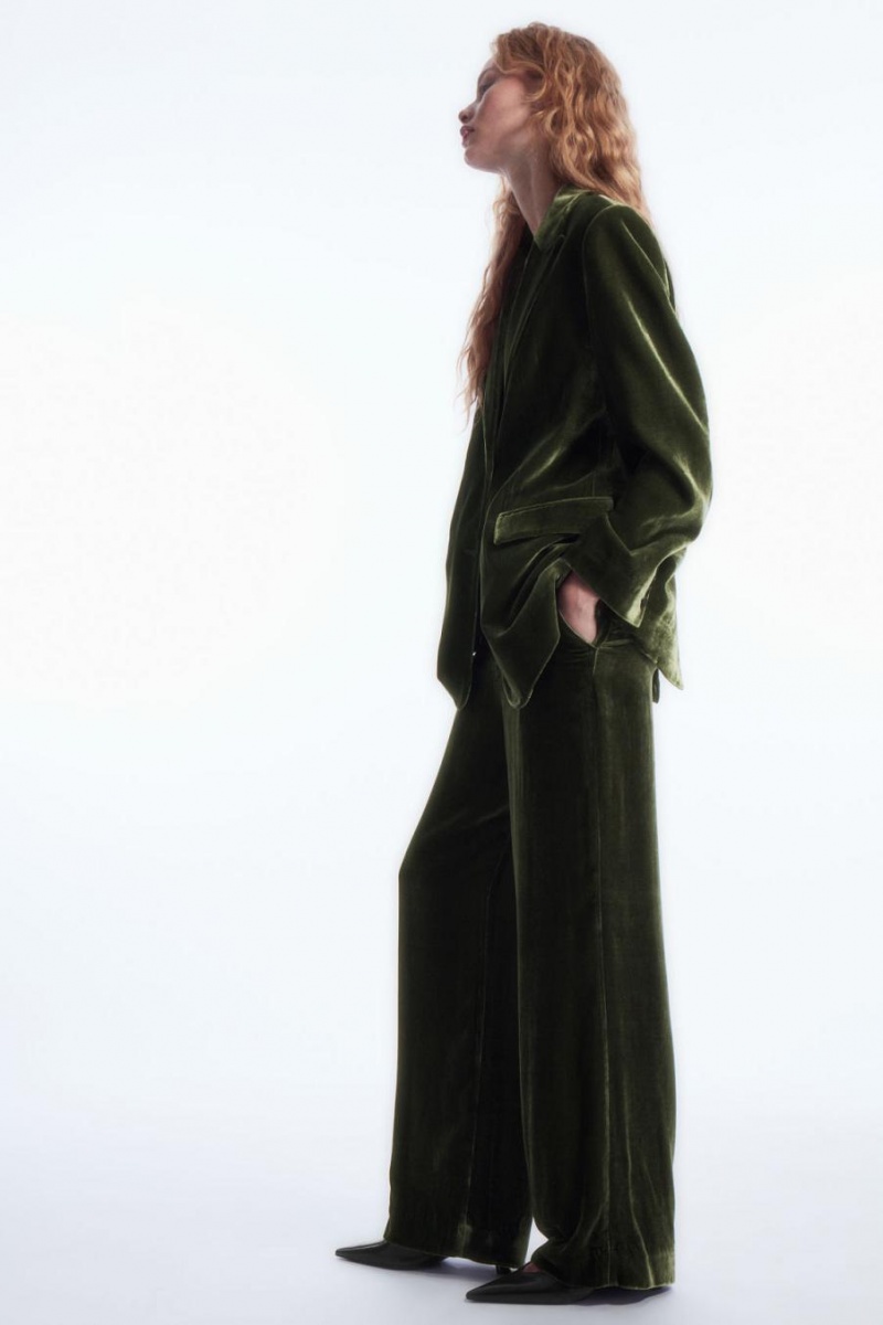 COS Silk-blend Velvet Egyenes-leg Nadrág Női Sötétzöld | DAK-902764