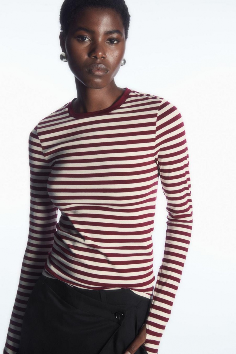 COS Slim-fit Long-sleeve Felső Női Fehér Bordó | FJE-152789