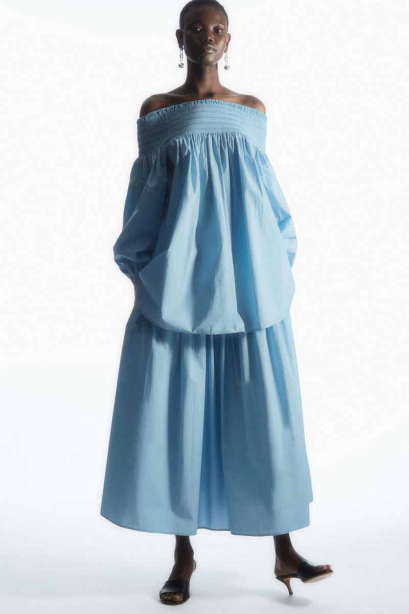 COS Smocked Off-the-shoulder Felső Női Kék | DVL-361548