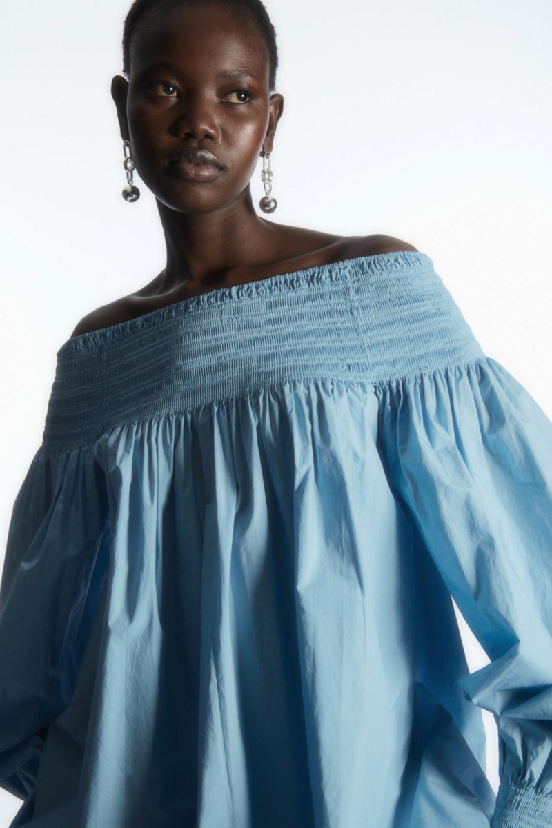 COS Smocked Off-the-shoulder Felső Női Kék | DVL-361548