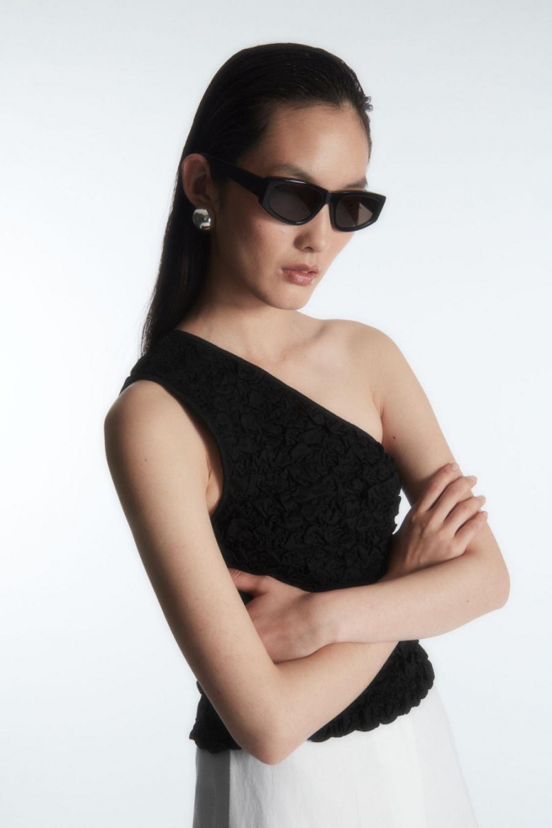 COS Smocked One-shoulder Trikó Női Fekete | ROK-859647