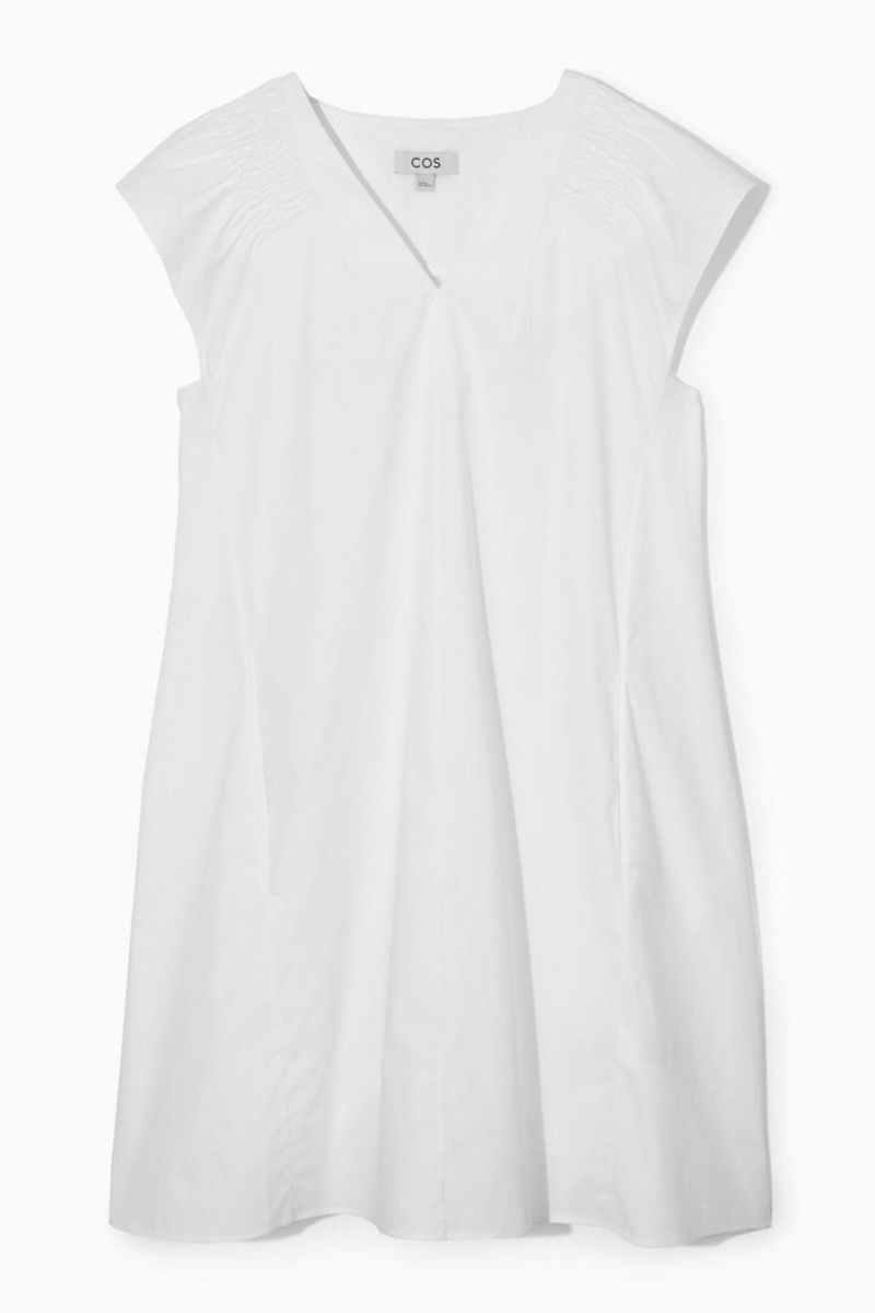 COS Smocked V-neck Mini Ruha Női Fehér | ROX-019673