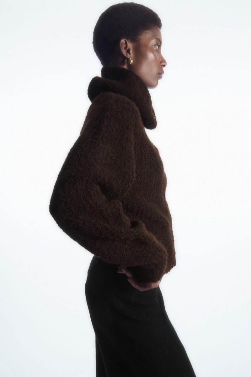 COS Spread-collar Textured Alpaca Kardigán Női Sötétbarna | PCI-376051