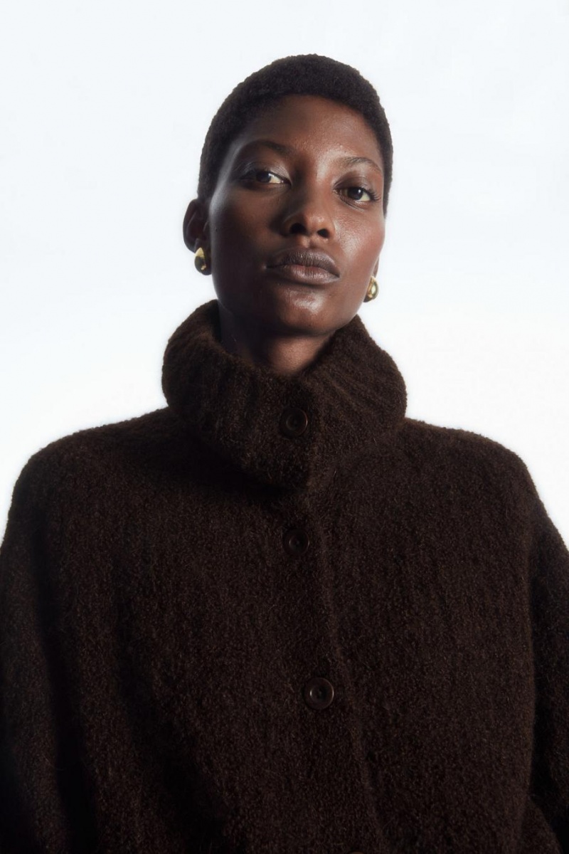 COS Spread-collar Textured Alpaca Kardigán Női Sötétbarna | PCI-376051