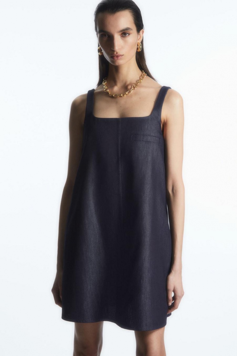 COS Square-neck Denim Mini Ruha Női Sötétkék | DIF-039274