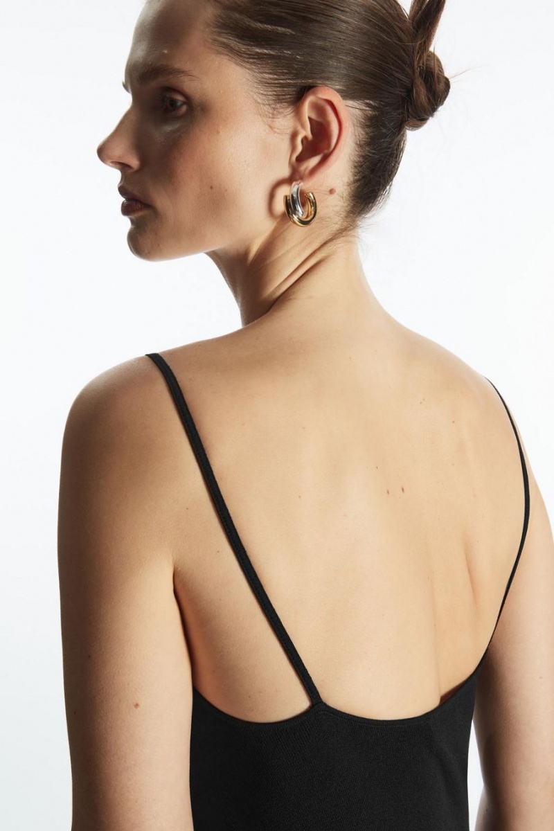 COS Square-neck Kötött Midi Slip Ruha Női Fekete | TGQ-031624