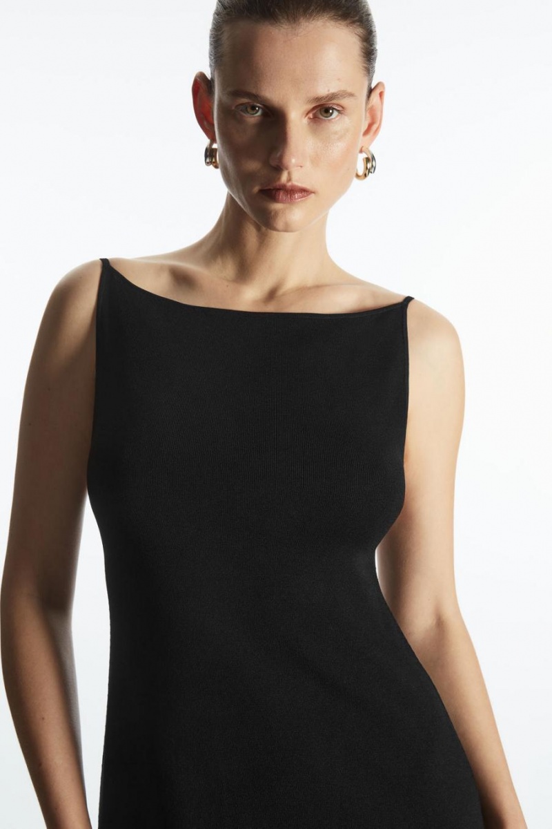 COS Square-neck Kötött Midi Slip Ruha Női Fekete | TGQ-031624