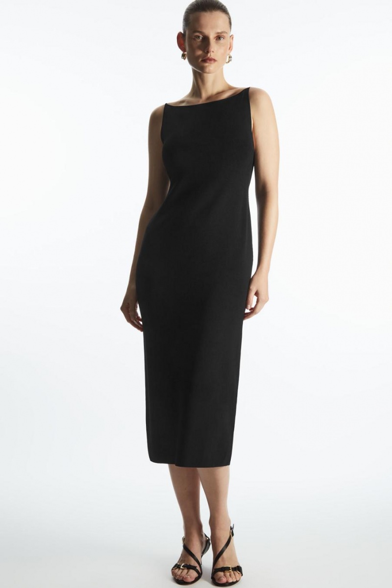 COS Square-neck Kötött Midi Slip Ruha Női Fekete | TGQ-031624