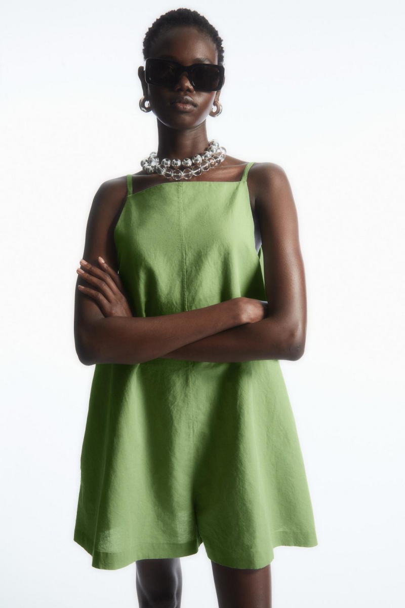 COS Square-neck Linen Játszóruhák Női Olivazöld Zöld | SKD-463501