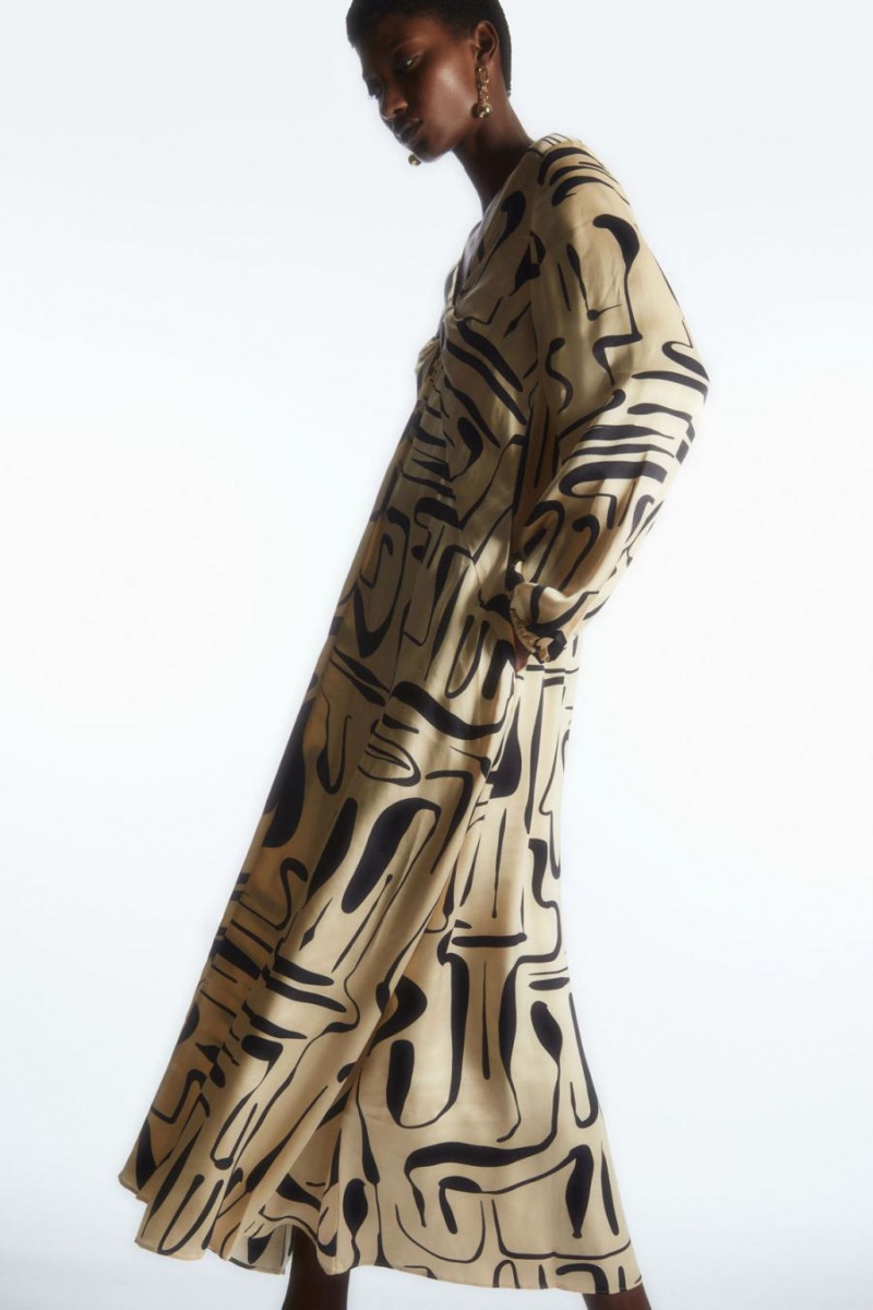 COS Swirl-print Satin Midi Ruha Női Világos Bézs Sötétkék | NOY-017689