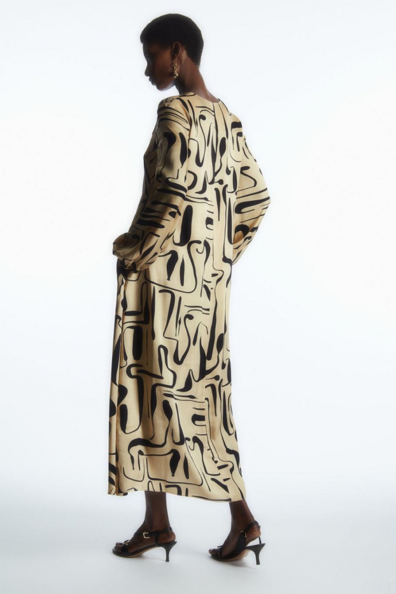 COS Swirl-print Satin Midi Ruha Női Világos Bézs Sötétkék | NOY-017689