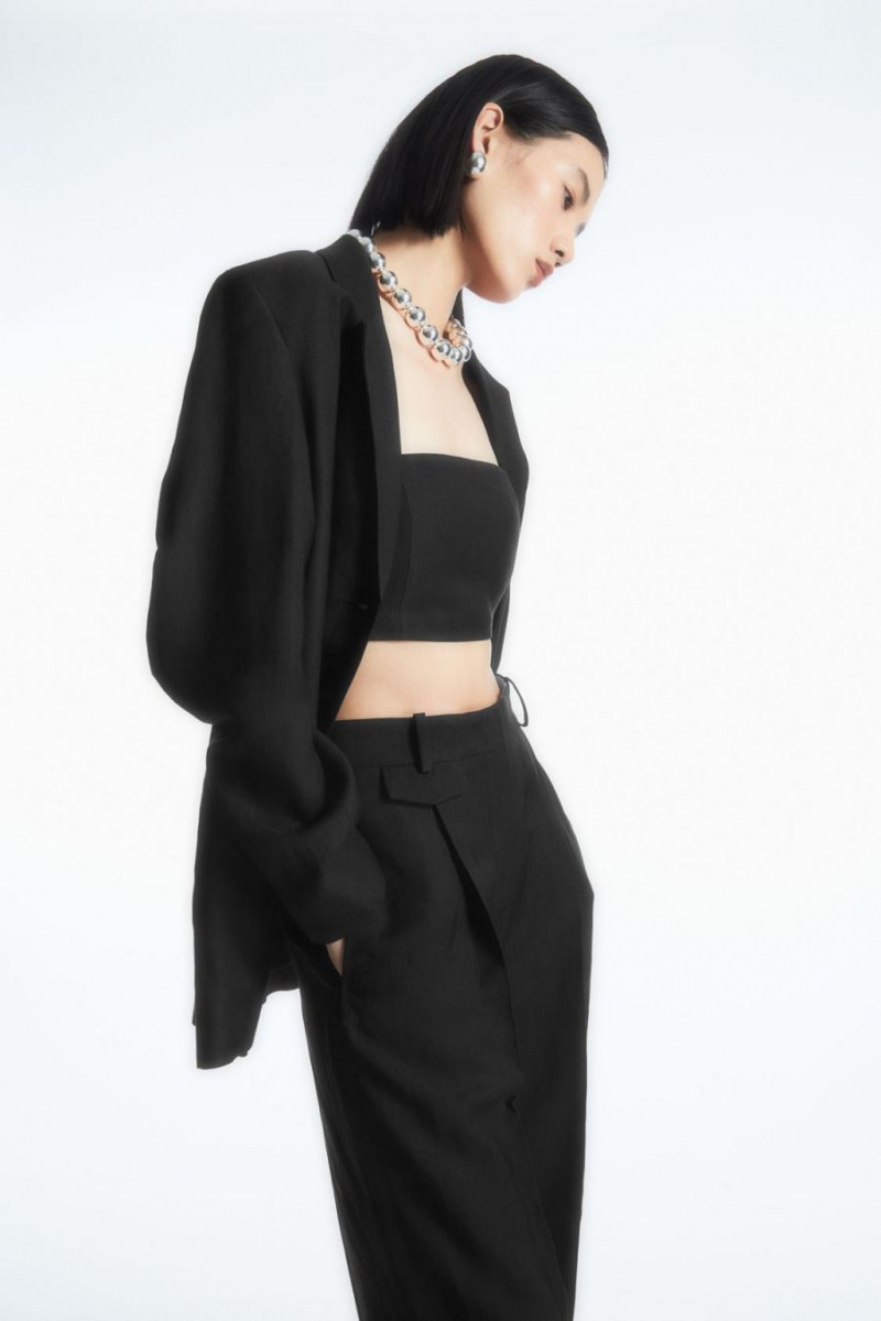 COS Széles Cipő-leg Redőzött Linen-blend Nadrág Női Fekete | NWC-047962