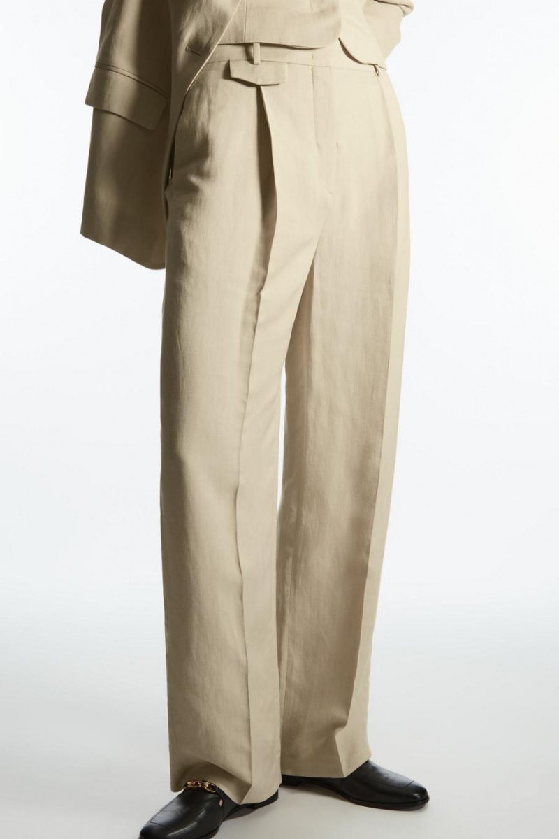 COS Széles Cipő-leg Redőzött Linen-blend Nadrág Női Bézs | IUE-932158