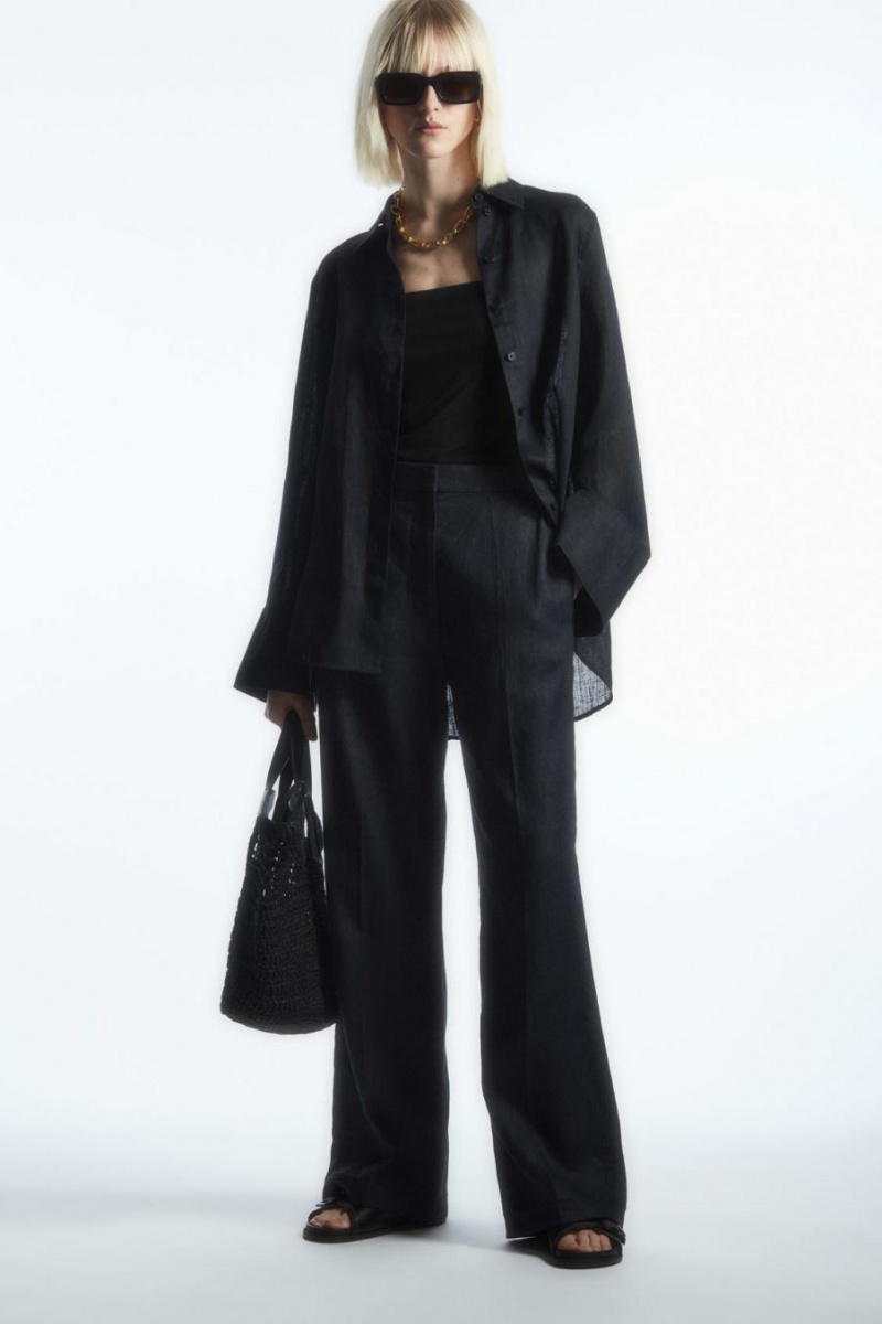 COS Széles Cipő-leg Tailored Linen Nadrág Női Sötétkék | KTN-836075