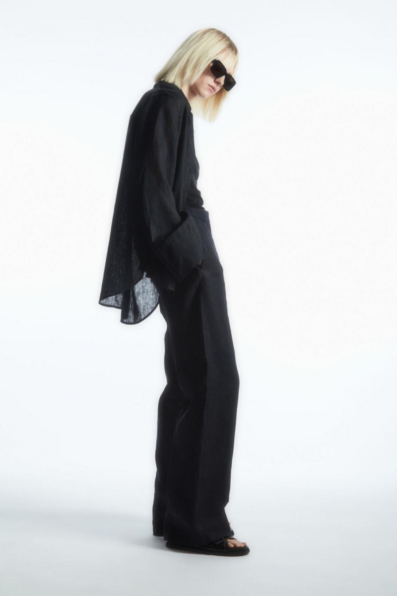 COS Széles Cipő-leg Tailored Linen Nadrág Női Sötétkék | KTN-836075
