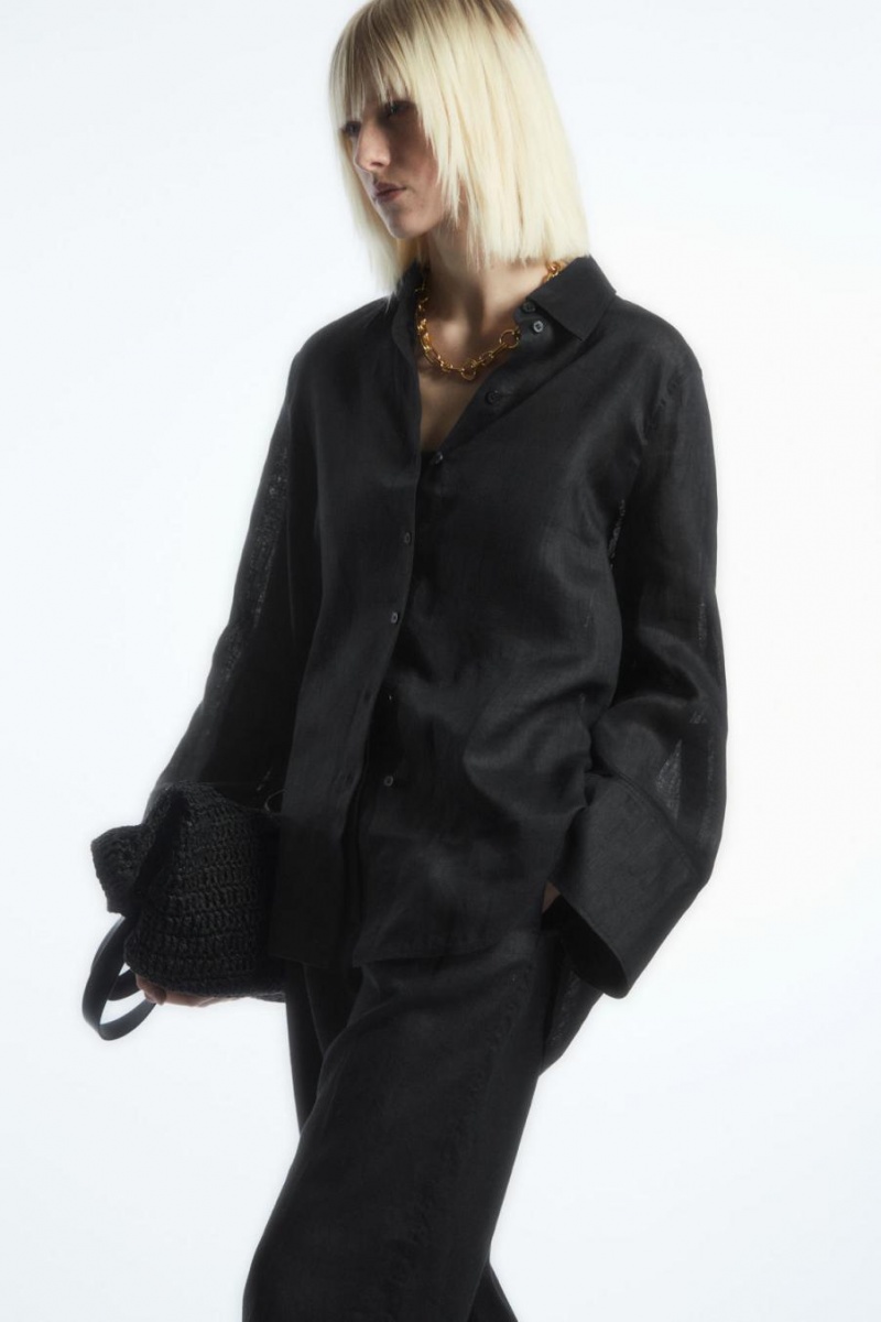 COS Széles Cipő-sleeved Linen Ing Női Sötétkék | KDV-420586