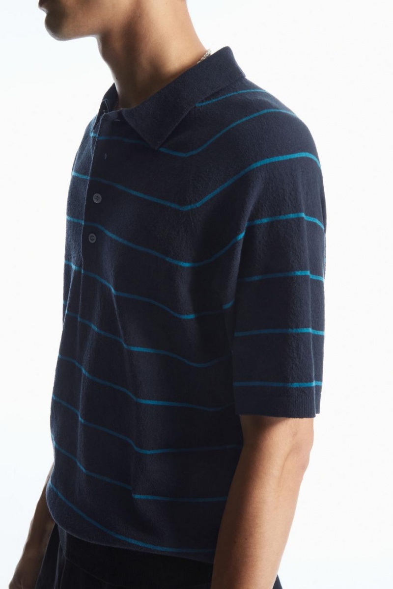 COS Textured-knit Csíkos Pólóing Férfi Sötétkék Világos Türkiz | TAL-293814