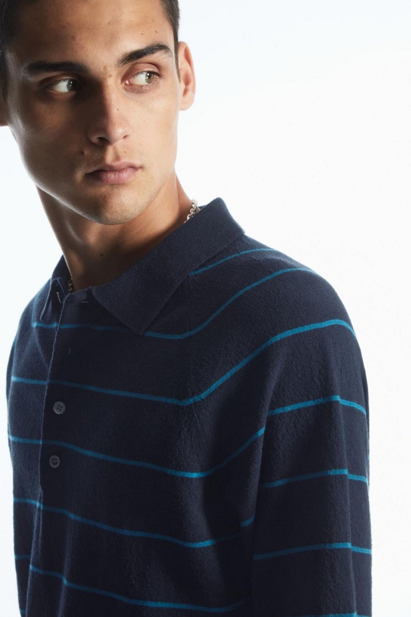 COS Textured-knit Csíkos Pólóing Férfi Sötétkék Világos Türkiz | TAL-293814