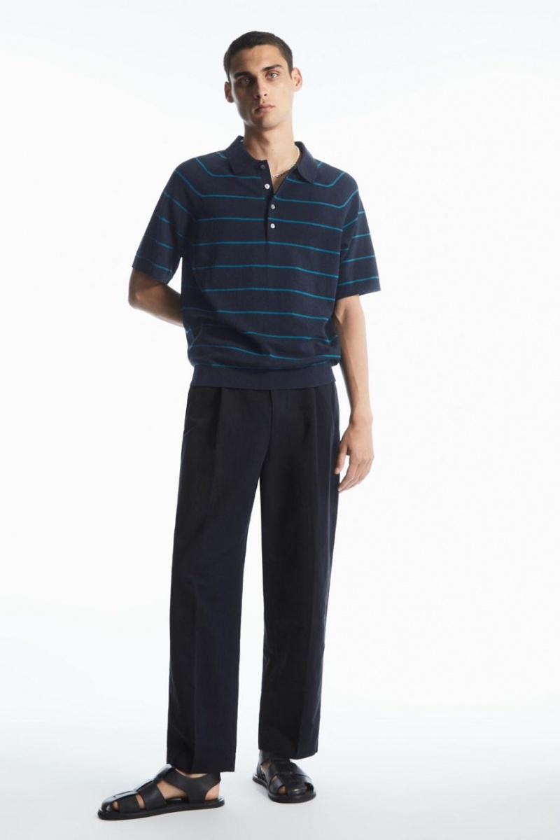 COS Textured-knit Csíkos Pólóing Férfi Sötétkék Világos Türkiz | TAL-293814
