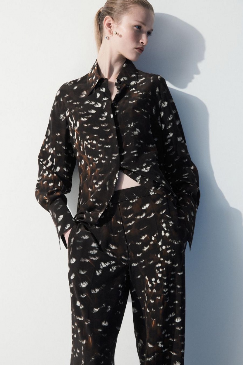 COS The Feather-print Silk Nadrág Női Fekete | UOD-248765