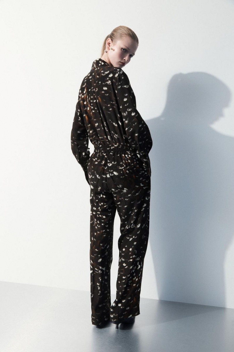 COS The Feather-print Silk Nadrág Női Fekete | UOD-248765