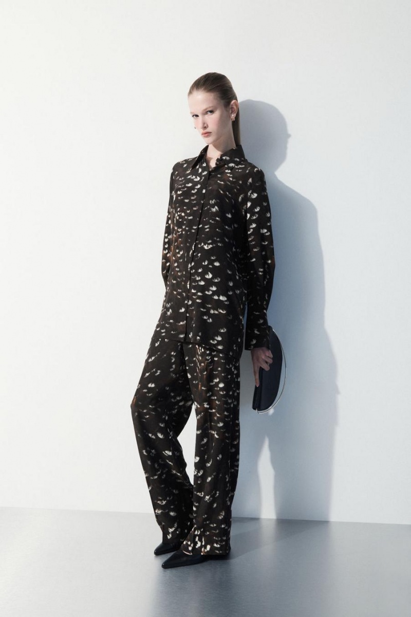 COS The Feather-print Silk Nadrág Női Fekete | UOD-248765
