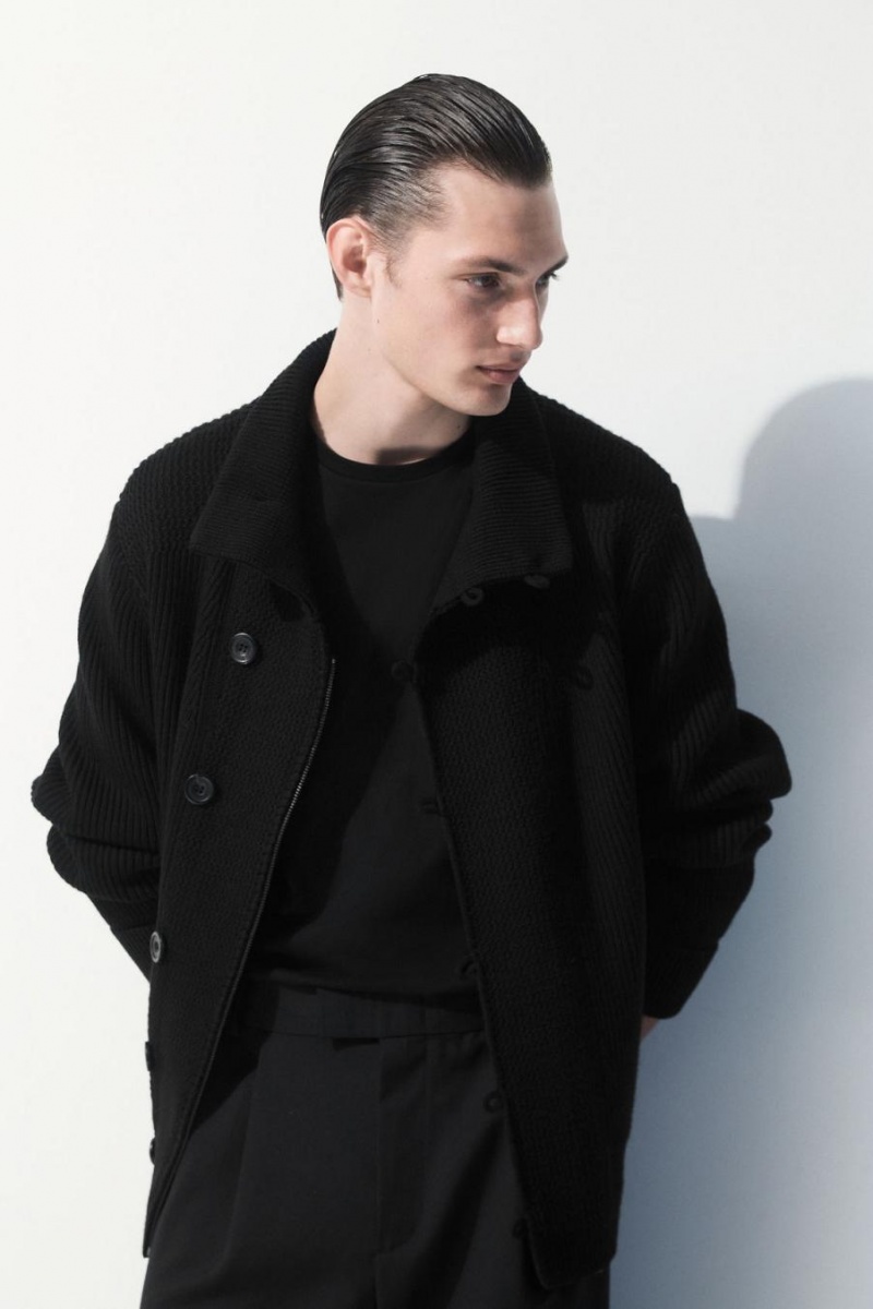 COS The Funnel-neck Kötött Gyapjú Kabát Férfi Fekete | MOD-913524